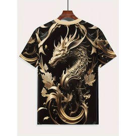Summer Fashion Golden Dragon Print Short-Sleeved Round Neck T-Shirt - Men's Casual All-Match Outdoor Top