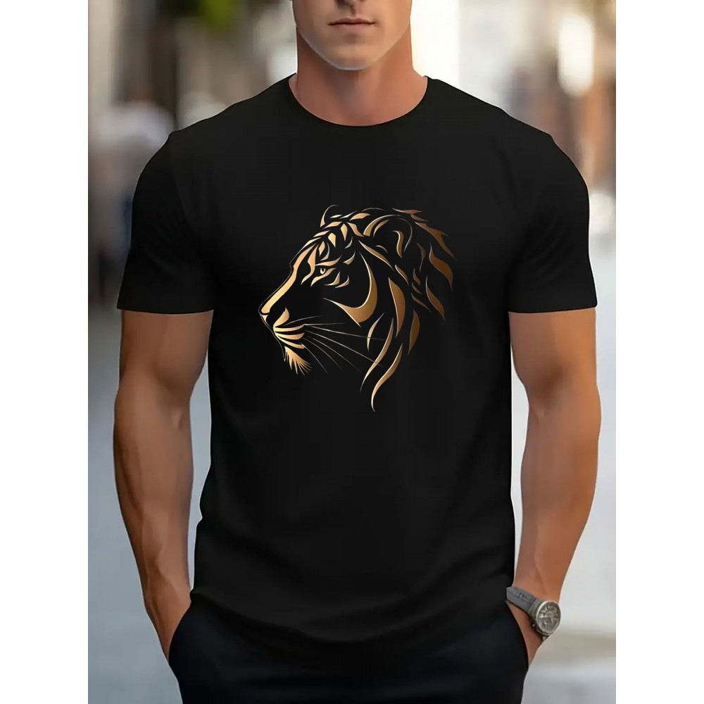 Men'S Stylish Lion Graphic T-Shirt - Brown with Golden Accent Design, Casual Summer Wear, Lightweight Polyester Fabric, Round Neck, Machine Washable, Casual Summer Top|Round Neck Shirt|Polyester Fabric