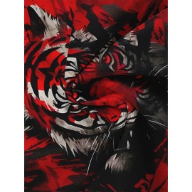 Men's Novelty Tiger Print T-Shirt - Red, Casual Crew Neck, Short Sleeve, Polyester Blend, Machine Washable, Bold Graphic Design