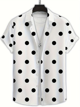 Men'S Casual Short Sleeve Shirt with 3D Black Polka Dot Pattern, Open Collar, Button-Up Front, Lightweight Summer Fabric, Perfect for Casual Attire or Casual Outings, Casual Summer Wear | Polka Dot Shirt | Stylish Button Details, Polka Dot Shirt