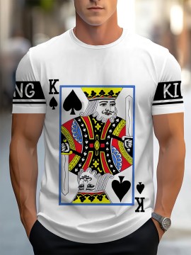 Men'S Royal King of Spades Graphic T-Shirt - White Casual Summer Tee with Black & White Crown Design, Short Sleeve, Round Neck, Polyester Blend, Perfect for Casual Attire & Parties, Party Fashion Top | Bold Print Tee | Stretchable Fabric, Knit