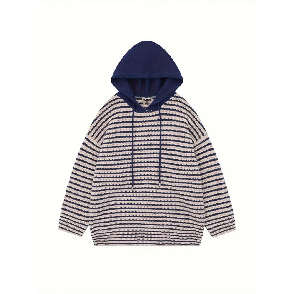 [Polyester Striped Hoodie] 100% Polyester Men's Casual Striped Hoodie - Loose Fit, Crew Neck, Color Block Design, Medium Stretch, Fall/Winter Streetwear Sweatshirt