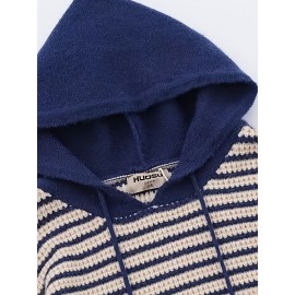 [Polyester Striped Hoodie] 100% Polyester Men's Casual Striped Hoodie - Loose Fit, Crew Neck, Color Block Design, Medium Stretch, Fall/Winter Streetwear Sweatshirt