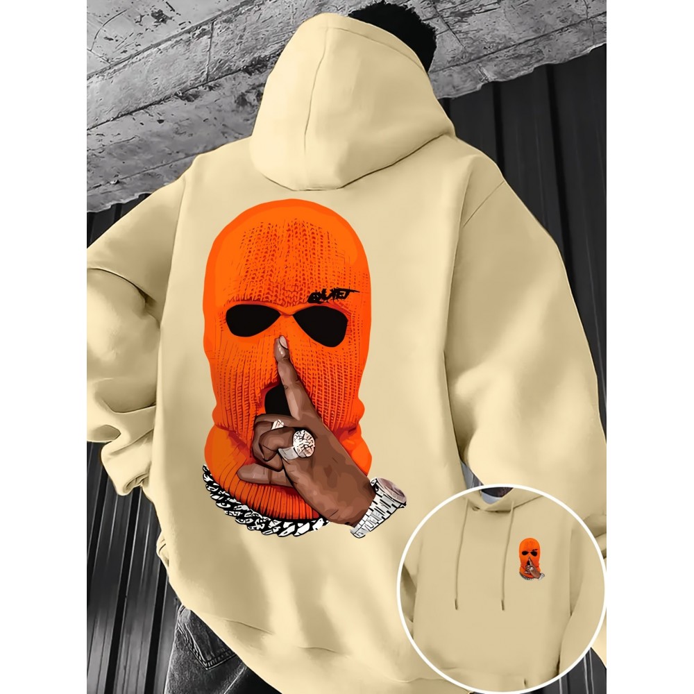 [Graphic Print Hooded] Men's Beige & Orange Graphic Print Hooded Sweatshirt - Oversized Streetwear Pullover with Balaclava Design, Soft Fabric & Front Pocket, Casual Winter Warmth, Machine Washable (PC610-S) - Fall Winter Fashion Essential