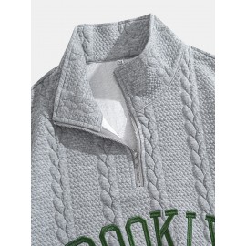 Jacquard Preppy Collared Neck Long Sleeve Embroidered Loose Fit Regular Length Knit Fabric Hoodie