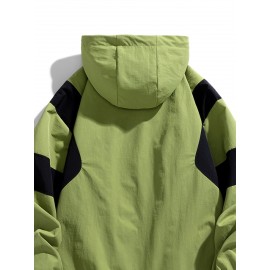 Men's Heavy-Duty Jacket - Full-Zip Windbreaker Coat with Hood, Black/White colorblock, Loose Fit Workwear Jacket for Outdoor, Casual, Everyday Use - Size XL (Machine Washable)