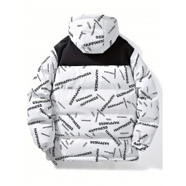 [Windproof Jacket] Warm & Stylish Men's Thick Windproof Hooded Jacket | Large Pockets & Drawstring, Black Polyester, Casual Letter Print Versatile Outerwear, Durable Outerwear