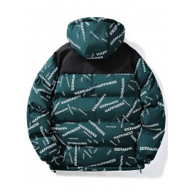 [Windproof Jacket] Warm & Stylish Men's Thick Windproof Hooded Jacket | Large Pockets & Drawstring, Black Polyester, Casual Letter Print Versatile Outerwear, Durable Outerwear