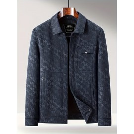 Men's Navy Blue Bomber Jacket with White Camo & Chest Pocket - Short Single-Breasted Casual & Business-Casual Coat, Collar, Button-Front Door, (No-Fill) for Fall/Spring Outerwear