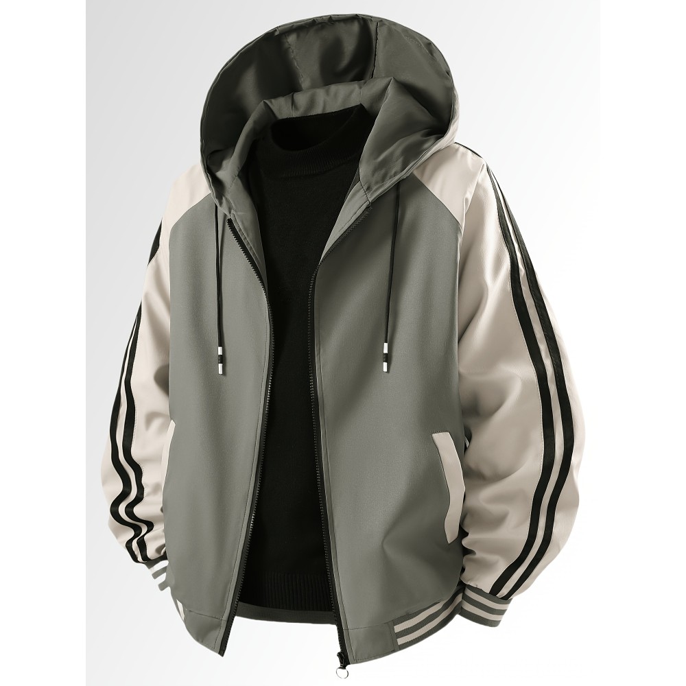 [Trendy Polyester Hooded Jacket] Trendy Lightweight Polyester Men's Casual Zip-Up Hooded Jacket - Color Block Design with Striped Accents, Perfect for Spring & Autumn