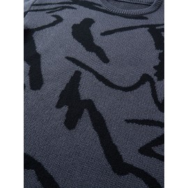 [Men's Geometric Sweater] Xingfan Men's Geometric Print Pullover Sweater | Drop Shoulder Casual Long Sleeve Round Neck Knit Top with Ribbed Detailing, Autumn Winter Warmth, Regular Fit for Casual Attire