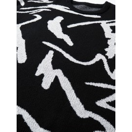 [Men's Geometric Sweater] Xingfan Men's Geometric Print Pullover Sweater | Drop Shoulder Casual Long Sleeve Round Neck Knit Top with Ribbed Detailing, Autumn Winter Warmth, Regular Fit for Casual Attire