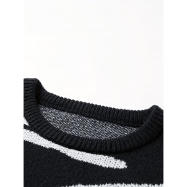 [Men's Geometric Sweater] Xingfan Men's Geometric Print Pullover Sweater | Drop Shoulder Casual Long Sleeve Round Neck Knit Top with Ribbed Detailing, Autumn Winter Warmth, Regular Fit for Casual Attire