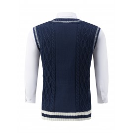 Men'S Vintage Twist Rope Pattern V-Neck Knit Vest - Cozy Acrylic Sweater Vest with Ribbed Hem, Loose Fit for Fall/Winter Casual Wear, Winter Vest | Twist Rope Design | Acrylic Knitwear