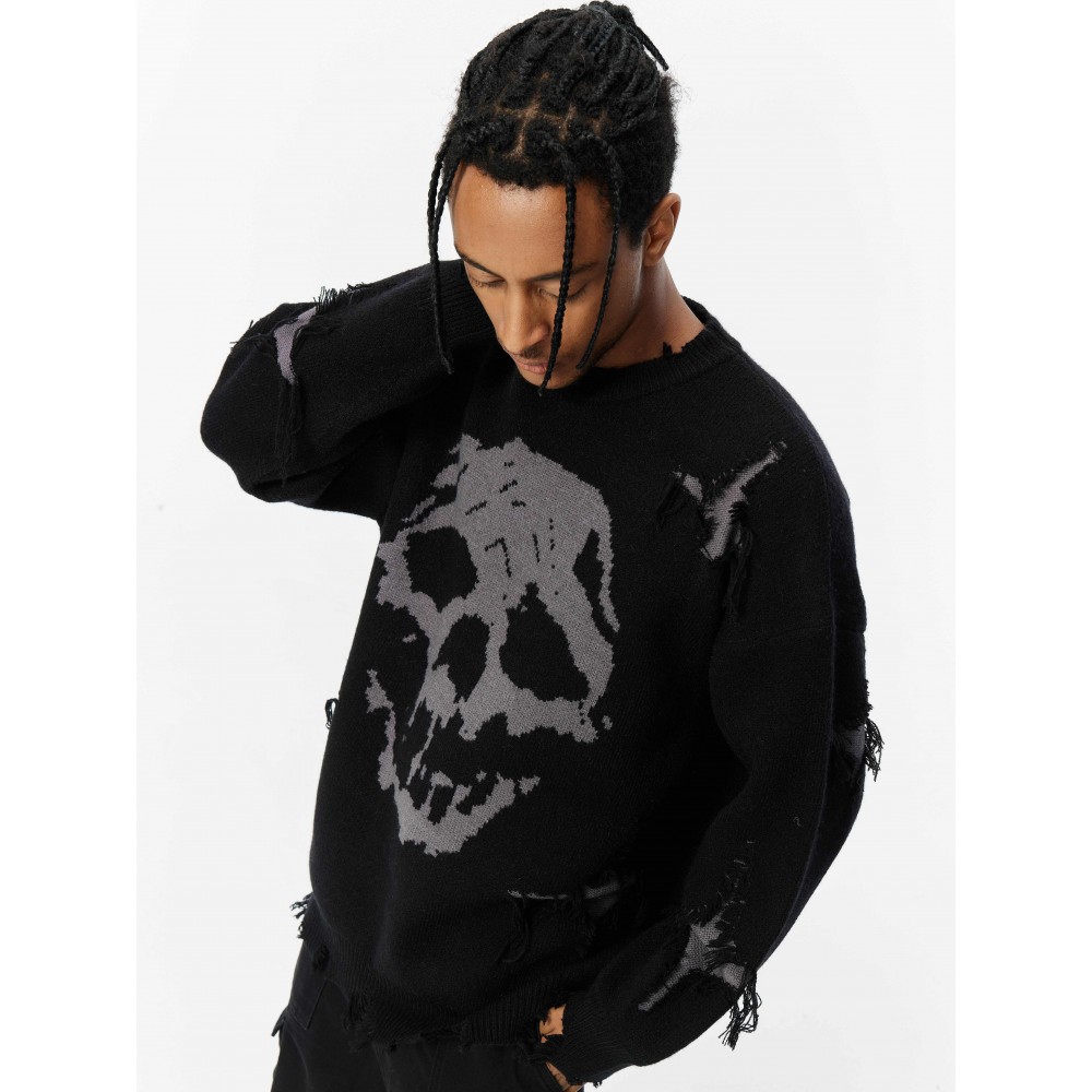 ANDREILEE Unisex Skull Print Crew Neck Sweater, Street Style Acrylic Blend, Loose Fit, Long Sleeve, Ripped Tassel Detail, Knit Pullovers for Fall/Winter