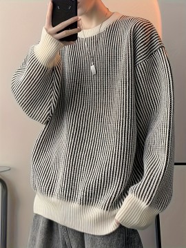 Men's Casual Striped Sweater - Polyester Knit Pullover with Round Neck, Medium Stretch, Regular Fit for Fall/Winter Season