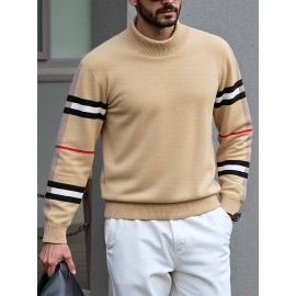 Men'S High-Neck Sweater with Striped Sleeves - Casual Knit Pullover for Fall & Winter, Beige & Black, Skinny Fit, Comfortable Clothing | Casual Style | Knit Construction, Sweater Hoodie