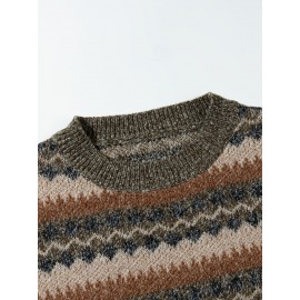 Men's Casual Color-Block Geometric Knit Sweater - Loose Fit Ribbed Detail Pullover, Machine Washable Autumn Winter Warm Crewneck Sweater for Casual Attire, Knitted Sweater, Durable Winter Wear