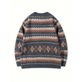 Men's Casual Color-Block Geometric Knit Sweater - Loose Fit Ribbed Detail Pullover, Machine Washable Autumn Winter Warm Crewneck Sweater for Casual Attire, Knitted Sweater, Durable Winter Wear