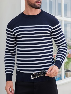 Men'S Casual Striped Knit Sweater - Navy & Vertical Stripes, Long Sleeve Crew Neck, Medium Stretch, Regular Fit for Spring/Fall, Versatile Layering Piece, Spring Fall Apparel | Classic Striped Design | Medium Stretch Fabric