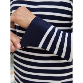 Men'S Casual Striped Knit Sweater - Navy & Vertical Stripes, Long Sleeve Crew Neck, Medium Stretch, Regular Fit for Spring/Fall, Versatile Layering Piece, Spring Fall Apparel | Classic Striped Design | Medium Stretch Fabric