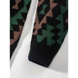 Men's Casual Geometric Pattern Knit Sweater - Asymmetrical Design, Machine Washable, Round Neck, Regular Fit for Autumn/Winter, Brown/Red/Black/White/Gray, Knit Sweater, Winter Warm Top, Autumn Fashion, Relaxed Fashion, Comfortable Wear, Durable Fabric