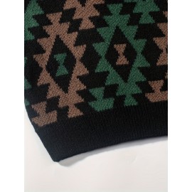 Men's Casual Geometric Pattern Knit Sweater - Asymmetrical Design, Machine Washable, Round Neck, Regular Fit for Autumn/Winter, Brown/Red/Black/White/Gray, Knit Sweater, Winter Warm Top, Autumn Fashion, Relaxed Fashion, Comfortable Wear, Durable Fabric