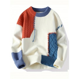 Men'S Cozy Color-Block Knit Sweater - Soft, Warm, and Stylish Crew Neck Pullover with Braided Detail, Perfect for Fall and Winter, Casual Knitwear|Chunky Knit Sweater|Soft Knit Fabric, Thick