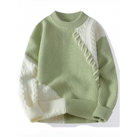 Men'S Cozy Ribbed Knit Sweater - Casual Long Sleeve Crewneck with Contrast Trim, Warm Fall/Winter Pullover in Light Green, Perfect for Casual Attire, Thick