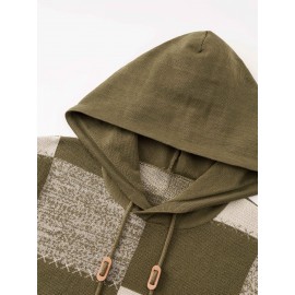 Men's Casual Hooded Color-Block Sweater - Black & Plaid Pattern, Sleeve Pullover with Ribbed Cuffs & Adjustable Drawstring Hood for Spring/Fall Daily Commute & Casual Outings, Sweater Hoodie, Durable Knitwear, Comfortable Fit