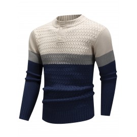 Beige/Blue/Gray/Black/White Men's Thick Winter Knit Sweater - Color Block Stripes, Round Neck Half-Zip Button Detail, Medium Stretch Casual Retro Style Regular Fit Long Sleeve Pullover for Casual Attire, Knit Sweater, Comfortable Fit