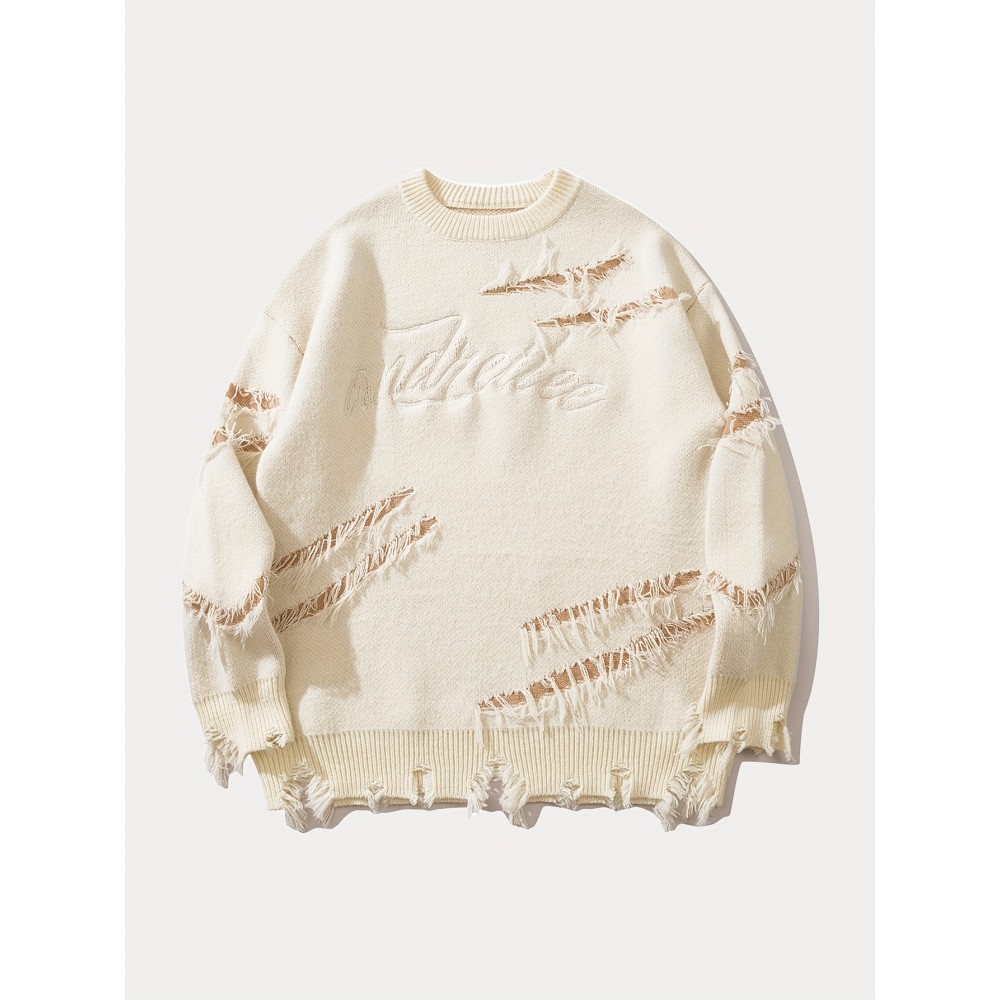 Unisex Street Style Knit Sweater, Fall/Winter Crew Neck Long Sleeve Pullover with Alphabet Print, Ripped Fringe Detail, Loose Fit, 42% Acrylic 28% Polyamide 30% Polyester Knit Fabric