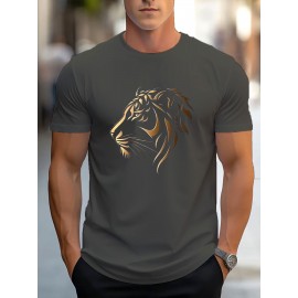 Men'S Stylish Lion Graphic T-Shirt - Brown with Golden Accent Design, Casual Summer Wear, Lightweight Polyester Fabric, Round Neck, Machine Washable, Casual Summer Top|Round Neck Shirt|Polyester Fabric