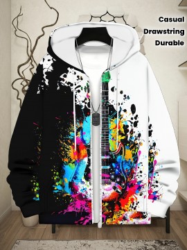 Men'S Vibrant Guitar Print Hoodie - Long Sleeve Zip-Up Sweatshirt with Drawstring & Pockets, Casual Outdoor Fall/Winter Jacket, Black with Colorful Splatter Design, Music Lover Apparel | Hooded Sweatshirt | Durable Fabric
