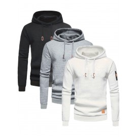 3pcs Men's Casual Waffle Knit Jacquard Hoodie Set - Long Sleeve Pullover with Side Zipper Detail, Perfect for Daily Commute, Outdoor Sports, and Beach Vacations