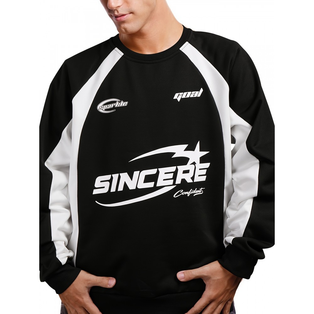 [Stylish Raglan Pullover for Spring] Men's Casual Letter Print Pullover - Stylish Long Sleeve T-Shirt with Raglan Design, Perfect for Spring & Fall