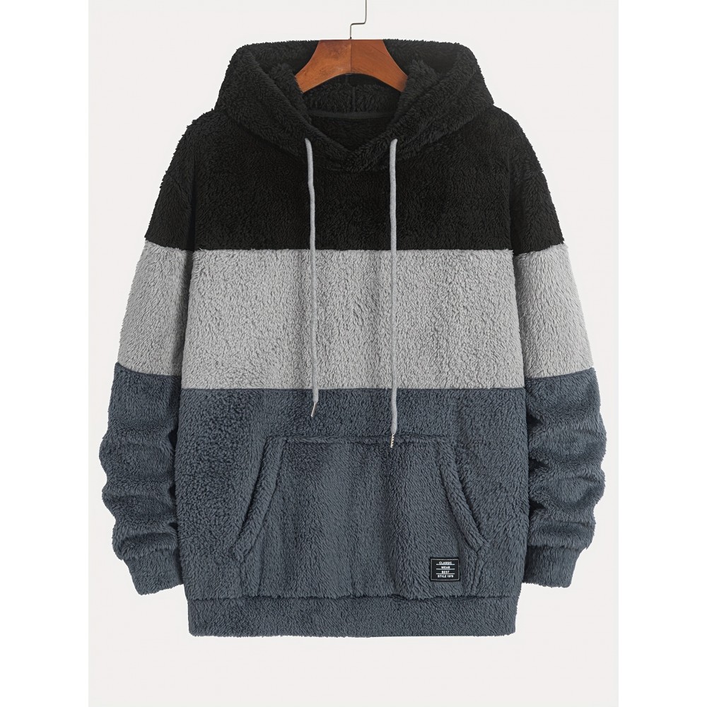 Men's Heavyweight Plush Hoodie - Winter Thermal Pullover Sweatshirt with Kangaroo Pocket, Dark Grey/Black Color Block Hooded Sweater for Cold Weather, Machine Washable Loose Fit Casual Outerwear, Ribbed Cuffs And Hem