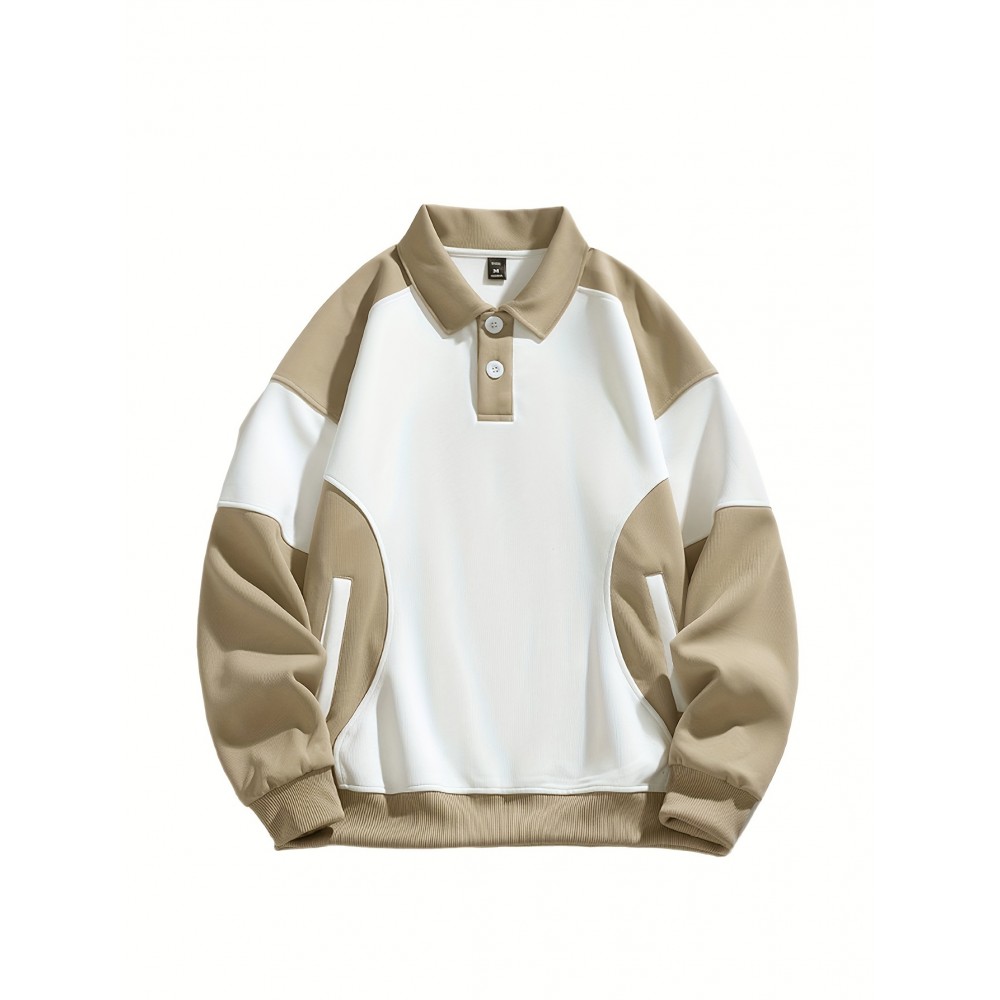 [NASAOVER Long Sleeve Shirt] Men's NASAOVER Colorblock Long Sleeve Shirt - Casual Loose Fit, Two-Tone Black/Beige, Button Detail, Ideal for Spring & Summer Outdoor Activities