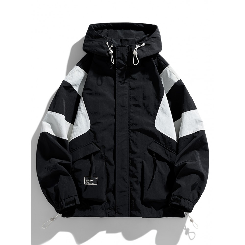 Men's Heavy-Duty Jacket - Full-Zip Windbreaker Coat with Hood, Black/White colorblock, Loose Fit Workwear Jacket for Outdoor, Casual, Everyday Use - Size XL (Machine Washable)