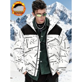[Windproof Jacket] Warm & Stylish Men's Thick Windproof Hooded Jacket | Large Pockets & Drawstring, Black Polyester, Casual Letter Print Versatile Outerwear, Durable Outerwear