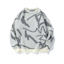 [Men's Geometric Sweater] Xingfan Men's Geometric Print Pullover Sweater | Drop Shoulder Casual Long Sleeve Round Neck Knit Top with Ribbed Detailing, Autumn Winter Warmth, Regular Fit for Casual Attire