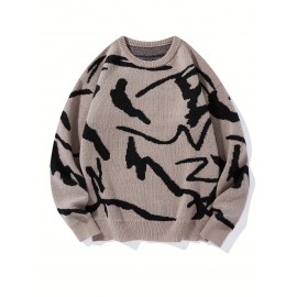 [Men's Geometric Sweater] Xingfan Men's Geometric Print Pullover Sweater | Drop Shoulder Casual Long Sleeve Round Neck Knit Top with Ribbed Detailing, Autumn Winter Warmth, Regular Fit for Casual Attire