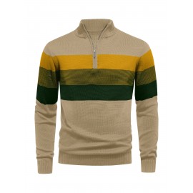 Men's Slim-Fit Casual Soft Commuter Knit Sweater - High Neck Long Sleeve with 1/4 Zipper, Navy & Light Grey Color Block Design for Autumn/Winter, Office & Casual Wear, Knitted Sweater, Comfortable Winter Wear