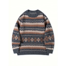 Men's Casual Color-Block Geometric Knit Sweater - Loose Fit Ribbed Detail Pullover, Machine Washable Autumn Winter Warm Crewneck Sweater for Casual Attire, Knitted Sweater, Durable Winter Wear