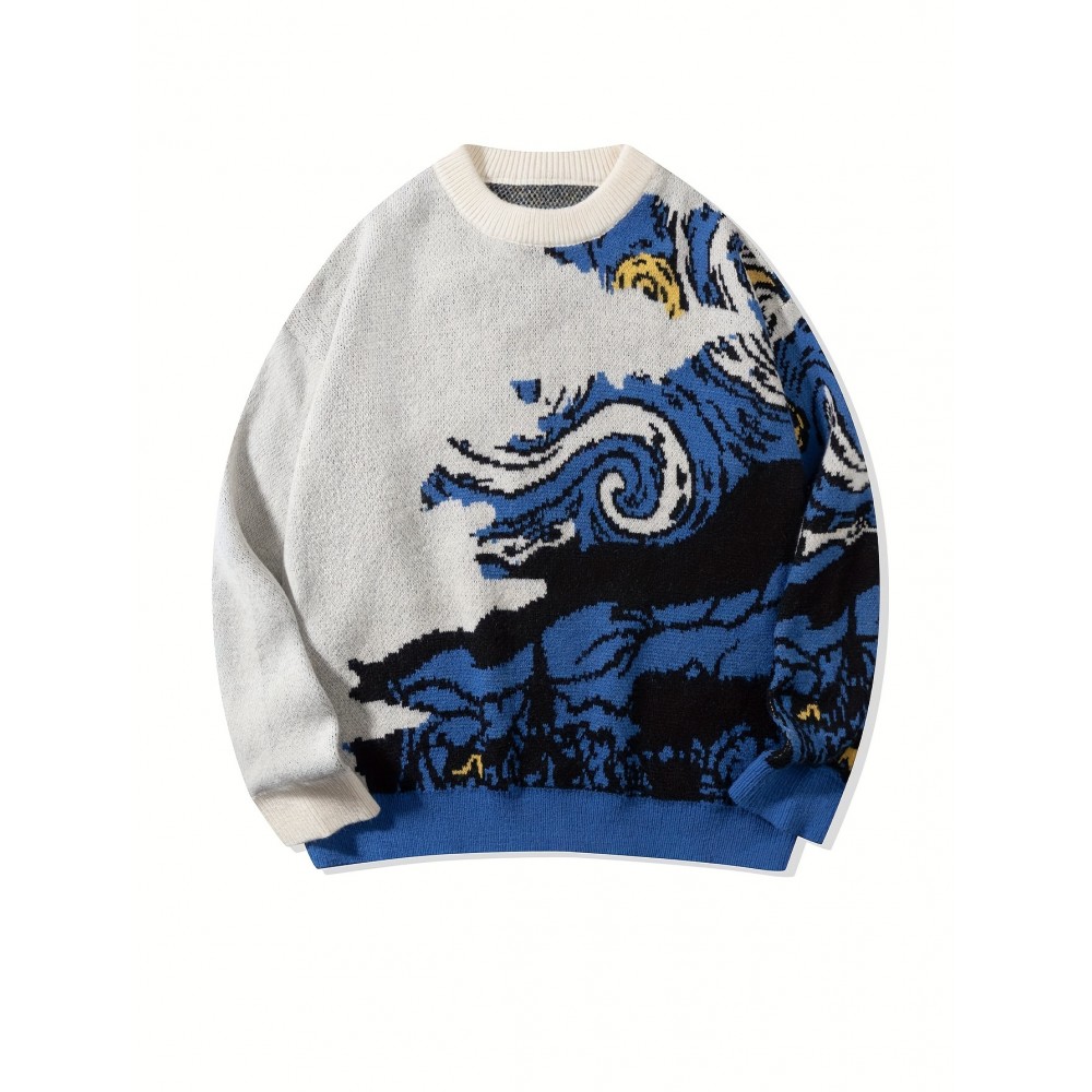 Men'S & Women'S Stylish Van Gogh Starry Night Print Pullover Sweater - Loose Fit, Long Sleeve, Round Neck, Knit Fabric, Casual & Versatile Fall/Winter Top, Fall Winter Top | Starry Night Design | Ribbed Knit Cuffs, Van Gogh Sweater