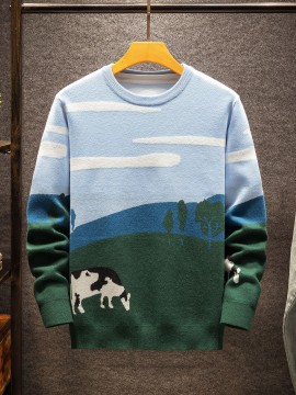 Cozy Fall | Cozy Fall Cow Print Sweater for Men - Casual Long Sleeve, Thick Knit, Acrylic, Crew Neck, Green & Blue Design with Black and White Cow, Perfect for Fall/Winter, Fall Winter Apparel | Playful Design | Acrylic Knitwear